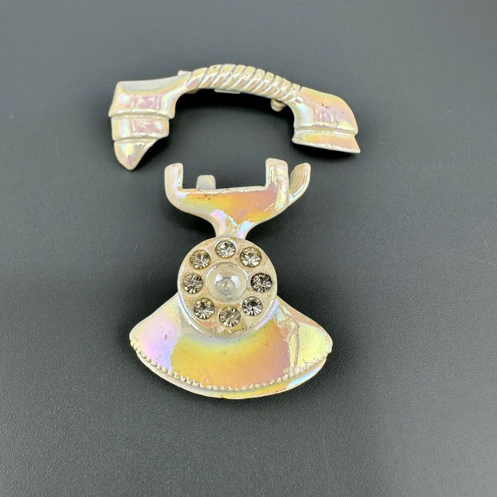 Vintage Telephone Brooch Double Pin Iridescent White Enamel Clear Rhinestone